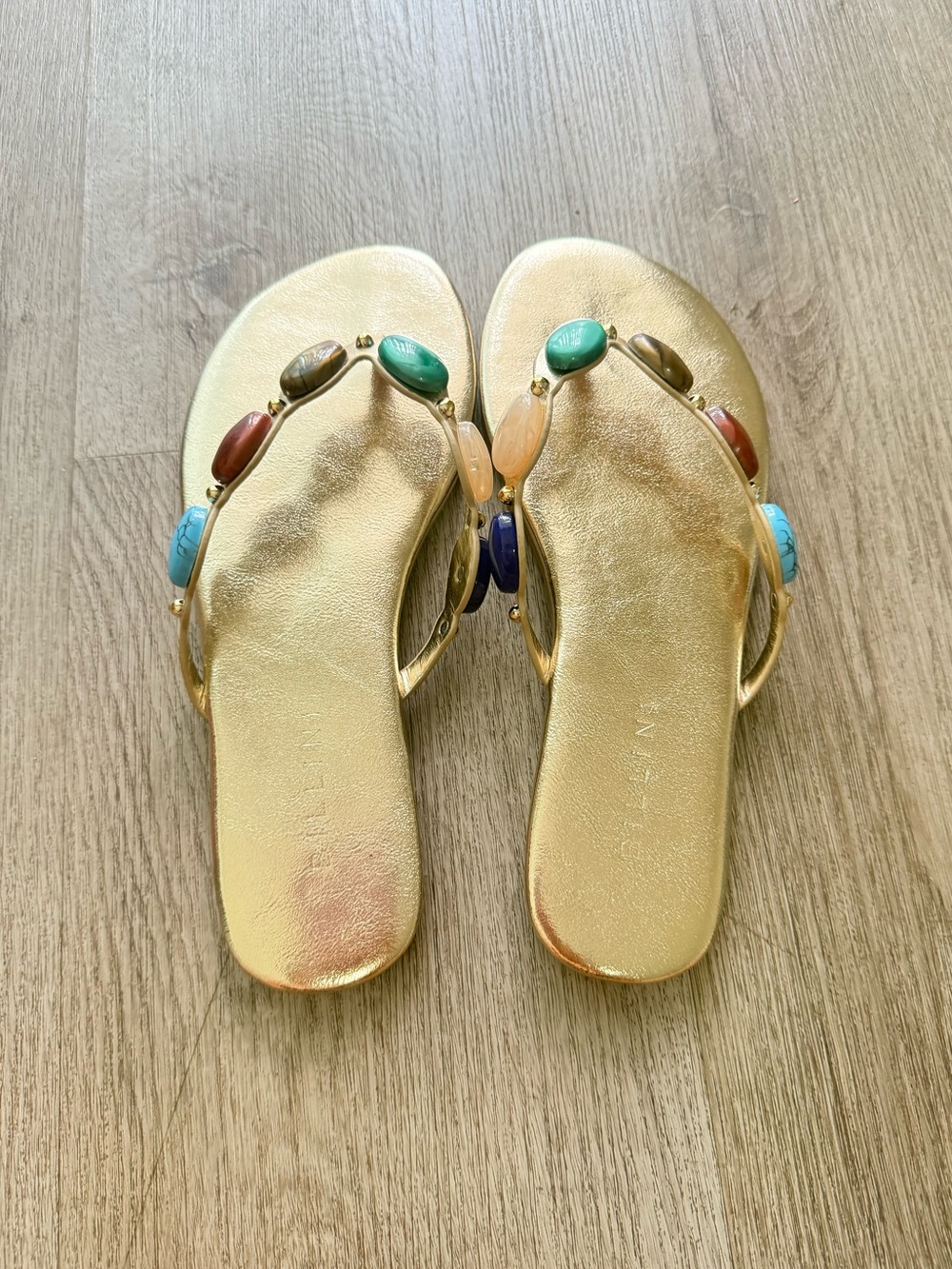 billini farasha gold jeweled beaded thong sandals summer beach shoes size 7 NEW